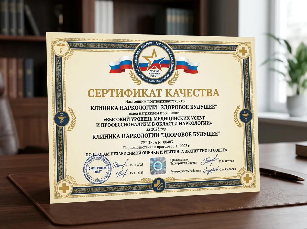 Сертификат качества наркологической клиники — официальный наградной документ с логотипом рейтинга и печатью